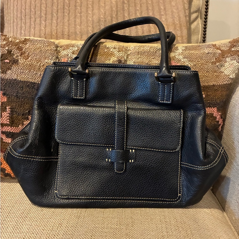 J McLaughlin Black Leather Top-Handle Satchel with Front Pocket